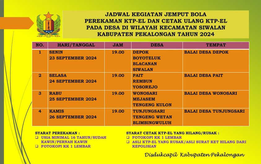 Jadwal Perekaman KTP-el dan Cetak Ulang KTP-el Kecamatan Siwalan