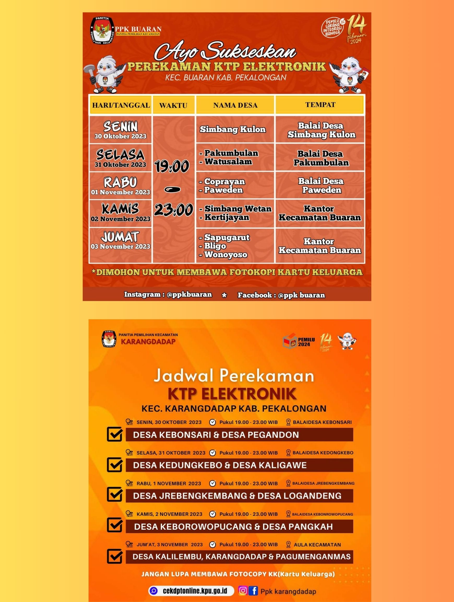 Jadwal Perekaman KTP-el di Kecamatan Buaran dan Kecamatan Karangdadap